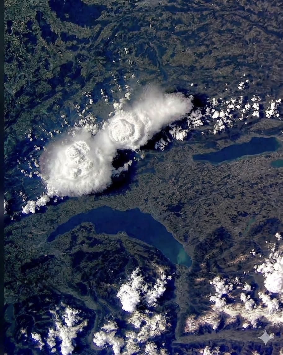 MeteoFrComtoise's tweet photo. 🇨🇭🇫🇷 Ce 26 mai 2026, la "Station Spatiale Internationale" (ISS) a survolé le Léman et les Montagnes du Jura sous un puissant orage !⛈️ 

On devine deux « sommets protubérants » au-dessus de Mouthe (25) et Métabief (25), pénétrant la tropopause (à 12 ou 15km d’altitude) et trahissant la présence de très puissants courants ascendants au sein du foyer orageux.

La température du sommet de ce type de nuage peut avoisiner -80°C !

📸 NASA