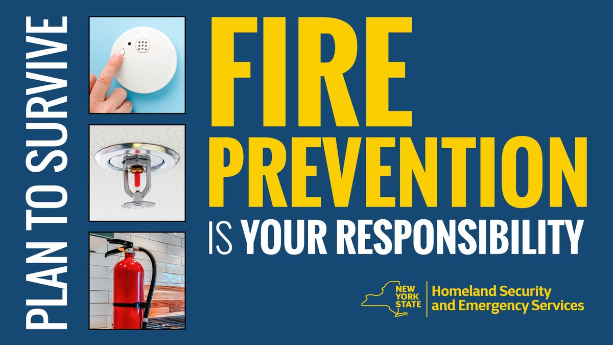 NYSDHSES's tweet photo. This past weekend, several fatal fires occurred across NYS communities, a sobering reminder that fire can happen anytime, anywhere. 

➡️Test your smoke alarms
➡️Close doors at night
➡️Practice your home escape plan
➡️Know two ways out 

Prevention and preparedness can save lives. https://t.co/FmydTy8Tql
