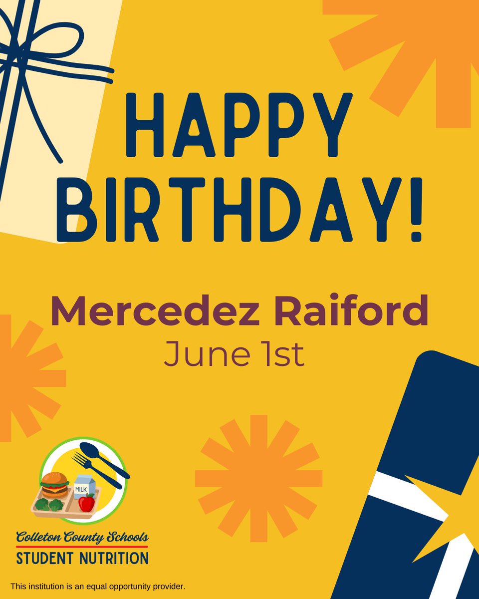ColletonMeals's tweet photo. Wishing Mercedez Raiford a very happy birthday! Thank you for your dedication and for all you do to support our students and schools. We hope you have a wonderful year ahead! 🎂🎉

@ColletonSchools #Colletonsc #Colletonsouthcarolina #Colleton #scschools #Colletoncounty https://t.co/MrSp7Phkmx