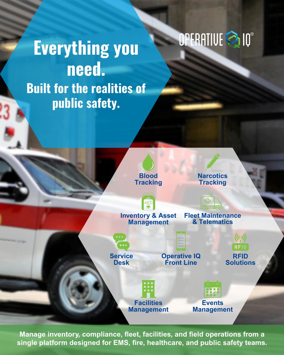 OperativeIQ's tweet photo. One platform. Complete operational visibility.

Operative IQ helps EMS, fire, healthcare, and public safety organizations manage inventory, compliance, fleet maintenance, facilities, and field operations from a single connected system.

Explore the platform: https://t.co/xEiwkph1sZ 

#OperativeIQ #OpsManagement #AssetTracking #FleetManagement #PublicSafety #FirstResponders #LawEnforcement #FireAndEMS #RFID #SaaS #EventManagement #FacilitiesManagement