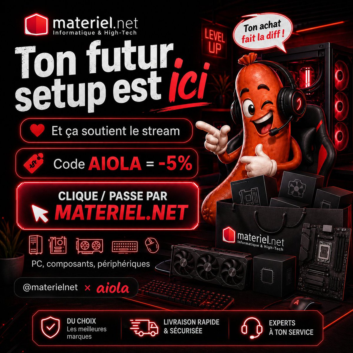 AiolaTwitch's tweet photo. 🚨 Ton futur setup est peut-être là 👀

Si tu comptes upgrade ton PC, ton écran, ton clavier, ta souris ou juste “regarder sans acheter” pendant 2h comme nous tous… passe par @materielnet ❤️

Avec le code AIOLA, tu as -5% 
👉 https://t.co/56njgg6OGk https://t.co/VjH7dAMY28