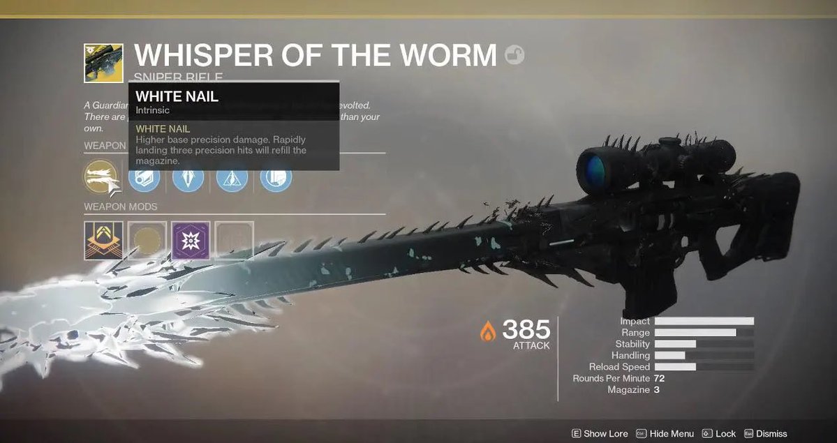 EMA58's tweet photo. Every iteration of Whisper of the Worm/ Black Spindle/Black Hammer, the community first finding out the secret mission in Lost to Light and having to speed run it was insane. Years later with The Whisper first being discovered and how it had all of us in a frenzy. Best of times in Destiny.
