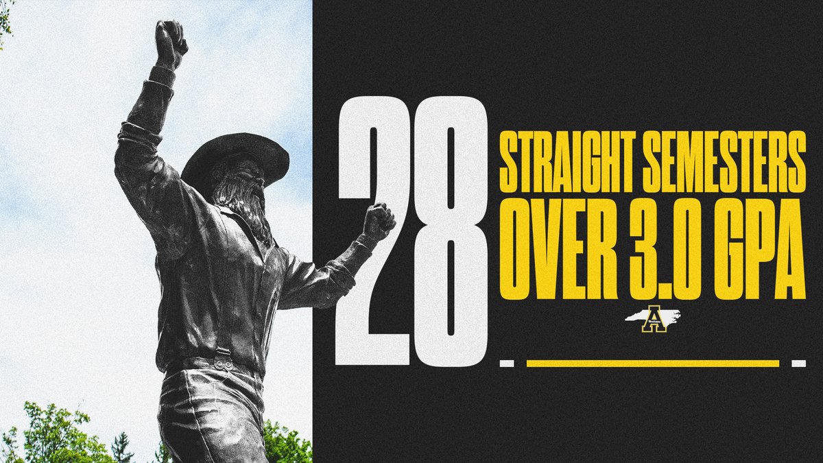 appstatesports's tweet photo. 𝐅𝐨���𝐫𝐭𝐞𝐞𝐧 𝐒𝐭𝐫𝐚𝐢𝐠𝐡𝐭 𝐘𝐞𝐚𝐫𝐬  👏👏

Make it 2️⃣8️⃣ semesters in a row with @appstate student-athletes achieving a cumulative GPA over 3.0!

📰 >> https://t.co/SZaVJtUCO3

#GoApp https://t.co/cp9nmhivob
