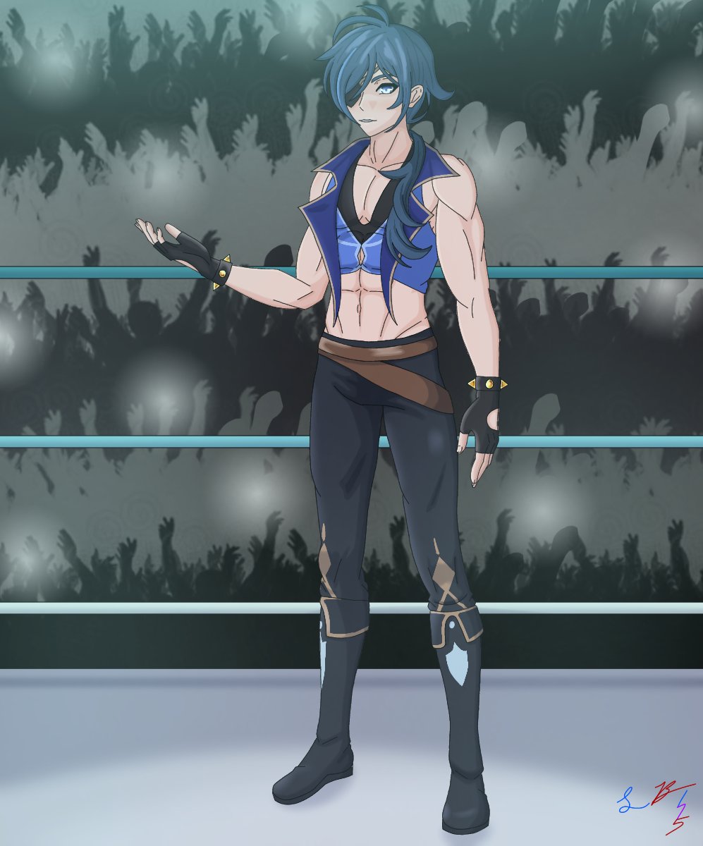 Boltz115's tweet photo. Here is Kaeya in his own wrestling attire. Starting off in his entrance attire then into his ring attire. The ring is cold, and he is making that atmosphere happen. TWE is going to get even colder with him around.
#wrestling #GenshinImpact #wrestleverse https://t.co/cxJY6ScB8u