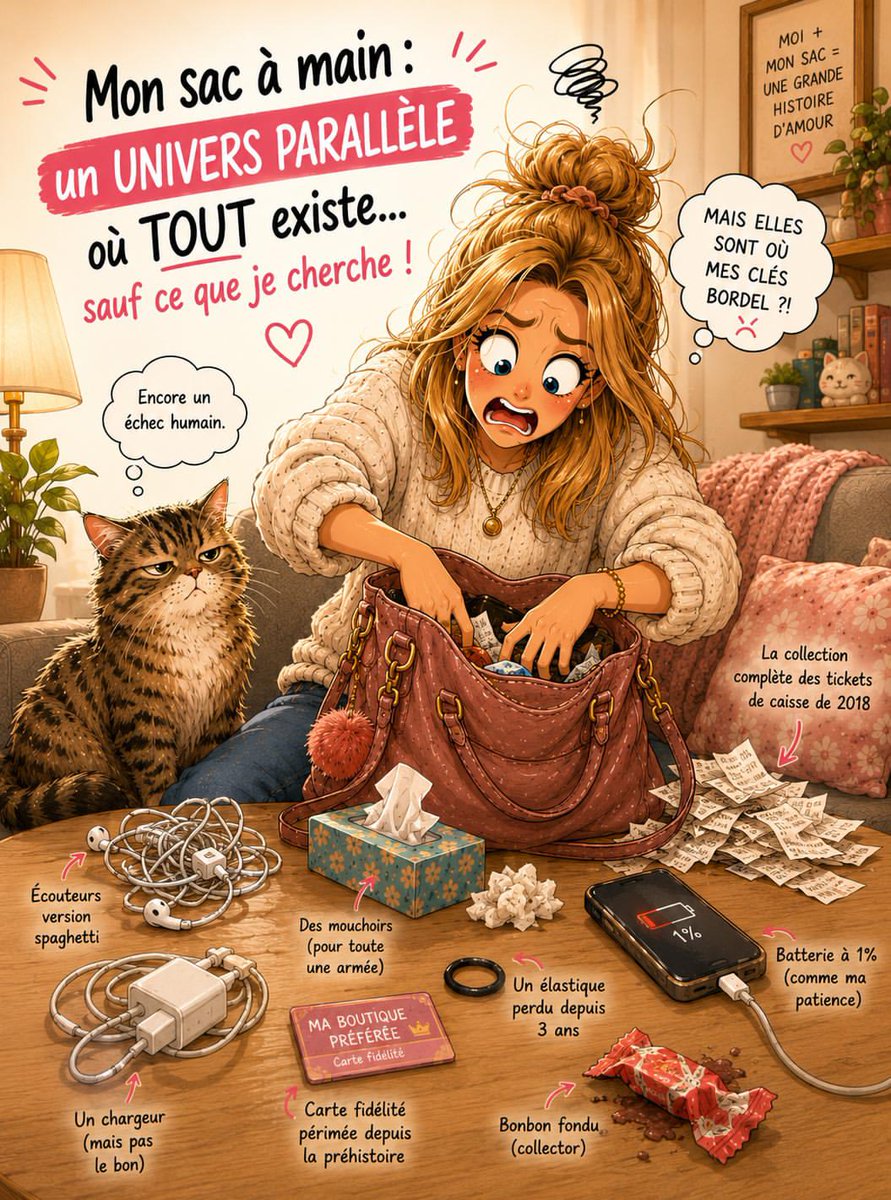 blairA2025's tweet photo. Quand tu cherches tes clés pendant 12 minutes…
mais que tu retrouves :
✔ un chargeur inutile
✔ 47 mouchoirs
✔ un ticket de caisse de 2018
✔ un bonbon fossilisé
✔ ET cet élastique disparu depuis 3 ans 😭
#sacamain #tellementmoi #humour #drole #relatable https://t.co/7L1qVsxP6j