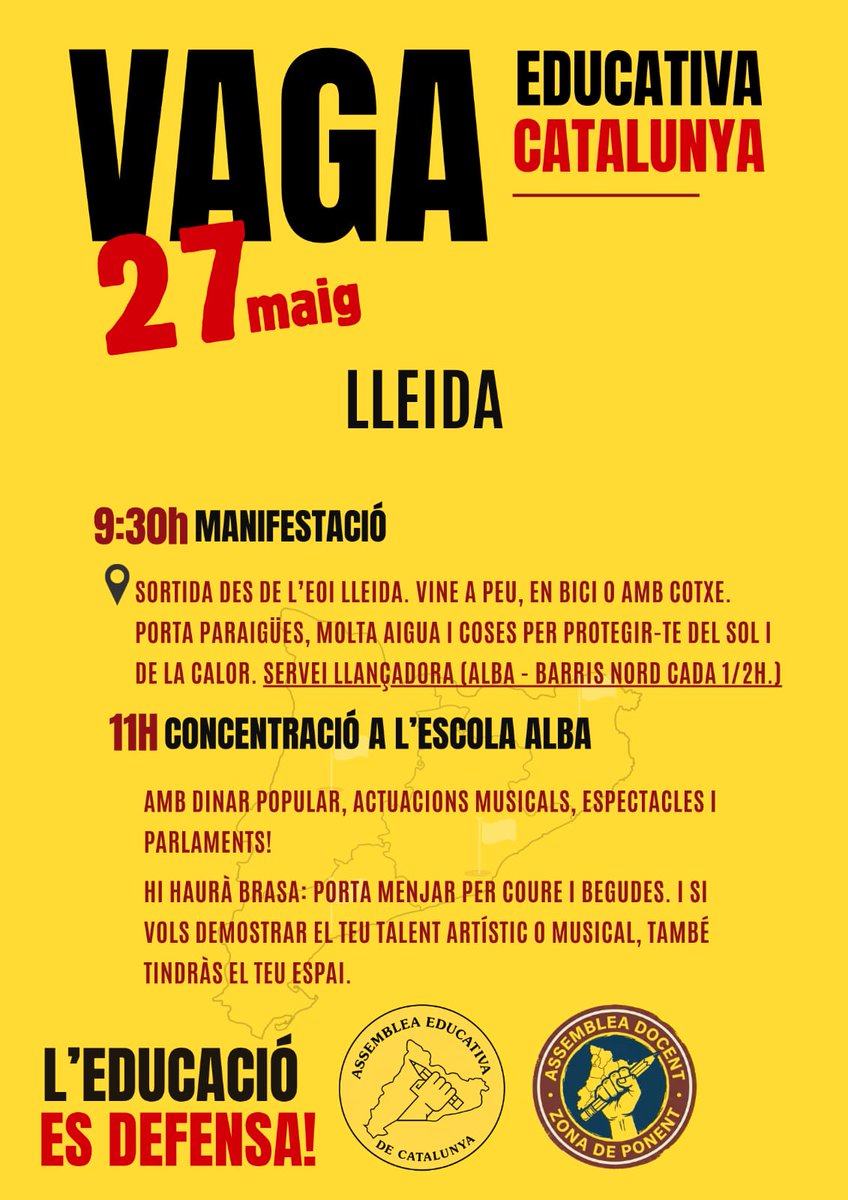 CUPLleida's tweet photo. 🟡 Avui, vaga educativa! Tot el nostre suport al la lluita dels docents pels seus drets laborals i la defensa d'una educació pública i amb recursos.

📅  27-M – Lleida
📍 9:30h Manifestació des de l’EOI Lleida
📍 11h Concentració a l’Escola Alba https://t.co/AUnbodvGiO