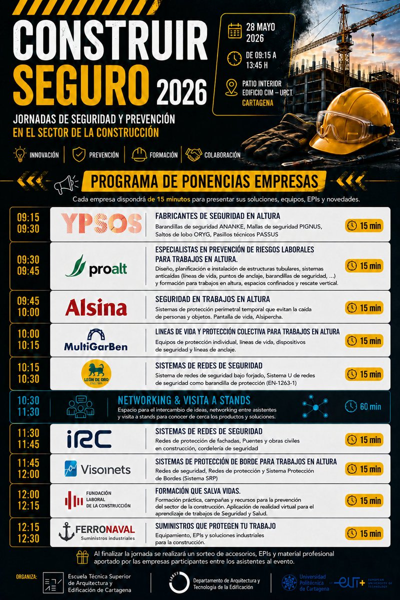 ETSAE_upct's tweet photo. Jornada “Construir Seguro 2026. Jornadas de Seguridad y Prevención en el Sector de la Construcción”

Este jueves 28 de mayo en el patio del CIM de la ETSAE.

Charlas, ponencias, muestras y stands.

¡OS ESPERAMOS! https://t.co/EYAetYvvRA