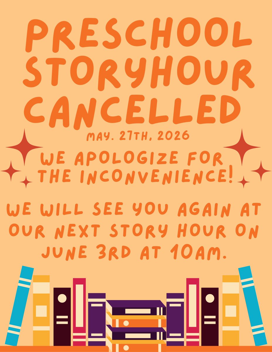goodnight_lib's tweet photo. A reminder that our Phenomenal Preschool Story Hour is cancelled for tomorrow. We're still getting things ready for our pre-historic pals for our summer reading program! We'll see you all again next week! https://t.co/eBCWcEKV4L