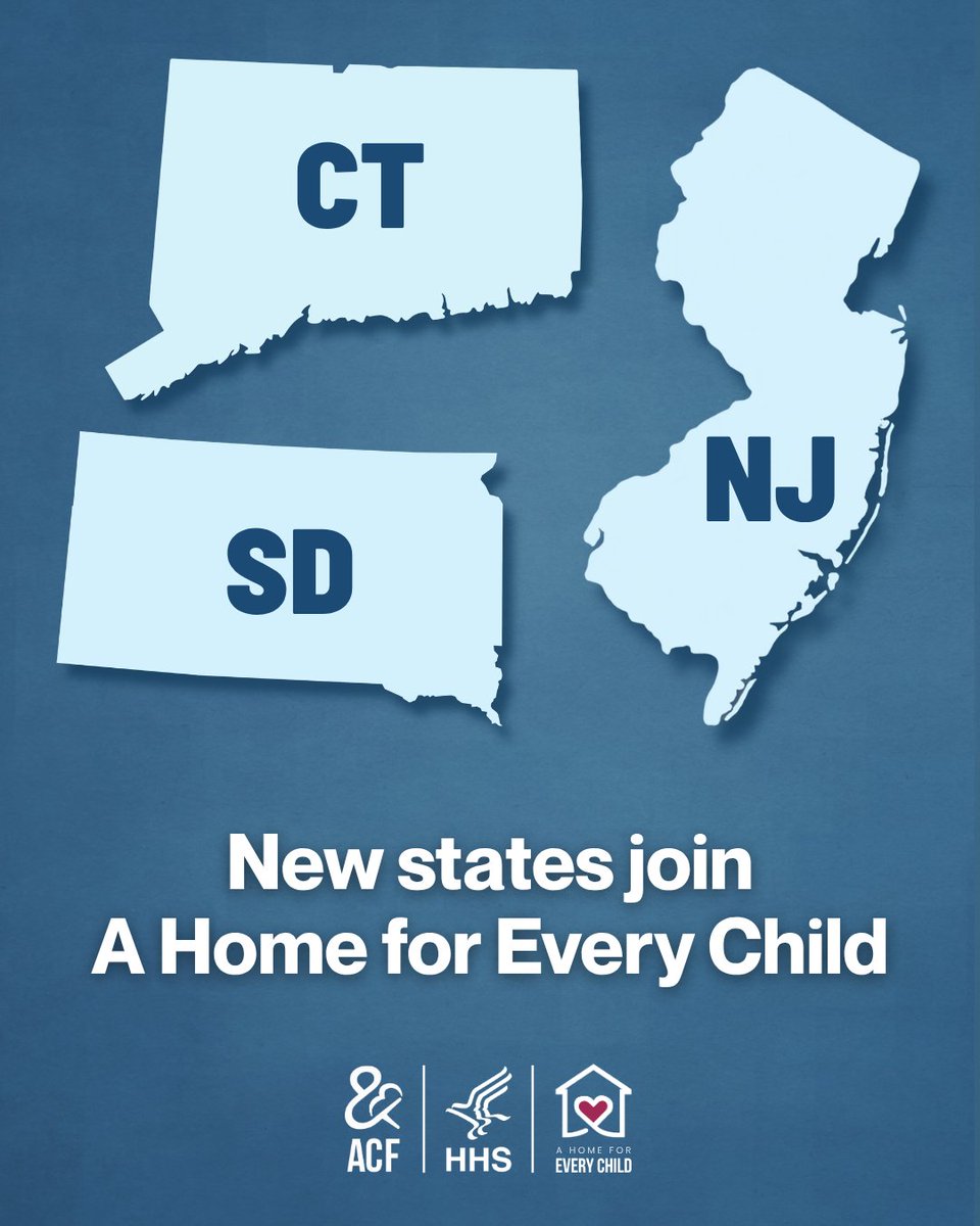 ACFHHS's tweet photo. States across America continue to take action to improve the ratio of foster homes-to-children in foster care.
 
ACF is thrilled to welcome Connecticut, New Jersey, and South Dakota to our "A Home for Every Child" initiative. 
 
Learn more: https://t.co/0KQUEuM6pi https://t.co/0ZCasRw9IC