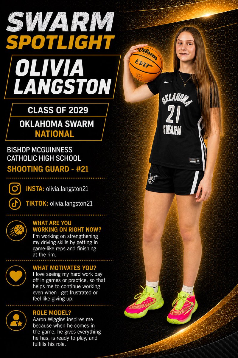 2029Swarm's tweet photo. 🐝 SWARM SPOTLIGHT – Class of 2029
Get to know the girls behind the grind. 💫
Olivia Langston Bishop McGuinness Catholic HS | Shooting Guard
High IQ. Sharp shooter. Always finding ways to level up her game.
#OklahomaSwarm #SwarmSpotlight #ClassOf2029 #NextUp https://t.co/CqWtfoYOEV