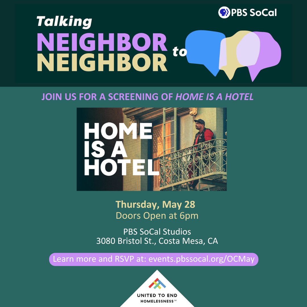 HomelessnessOC's tweet photo. TOMORROW: You're invited to a special community screening! 💌

We’re teaming up with @pbssocal to host a viewing of "Home is a Hotel" 🎬 All are welcome!

🗓️ Thursday, May 28 at 6:00 p.m.
📍 PBS SoCal Studios: 3080 Bristol St., Costa Mesa
🔗 RSVP: https://t.co/Mxp3pgQmWb https://t.co/DYpJJ6J2L9