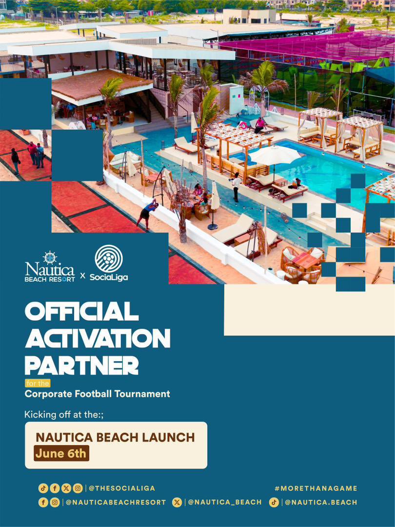 TheSociaLiga's tweet photo. The SociaLiga Corporate Tournament is much more than just a game of football. It is a merge of football and entertainment. Networking, partying, games and other fun activities. 

And we are happy to announce our partnership with Nautica Beach and Resort, Lagos 🎉🥳

Join us on Saturday, June 6 for the kick off of the SociaLiga Corporate Tournament at the Nautica Beach for a day of double celebration, the start of another awesome SociaLiga Season and the Launch of the latest fun spot in Lagos. 

SociaLigaxNauticaBeach