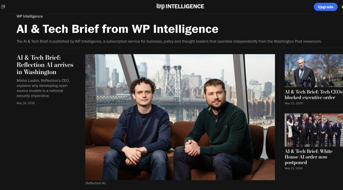 emayhawk's tweet photo. "A new kind of AI company is establishing a foothold in Washington — at a pivotal moment in the live policy debate around who should control AI and how to beat China in the AI race. Enter @reflection_ai." 
Via @washingtonpost @ben_guggenheim 
https://t.co/9BPvBhth0R https://t.co/6mHrz2gUEa