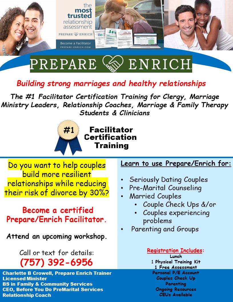 ShepherdsGuide's tweet photo. PREPARE &amp; ENRICH
Building Strong marriages and healthy relationships
Attend an upcoming workshop.
Call or text for details: (757) 392-6956
Charlette B Crowell
@BeforeYouDoMarriage Pre-Marital Services
Relationship Coach
#BeforeYouDo #ShepherdsGuide
#YourChristianConnection https://t.co/zWrR49BkYh
