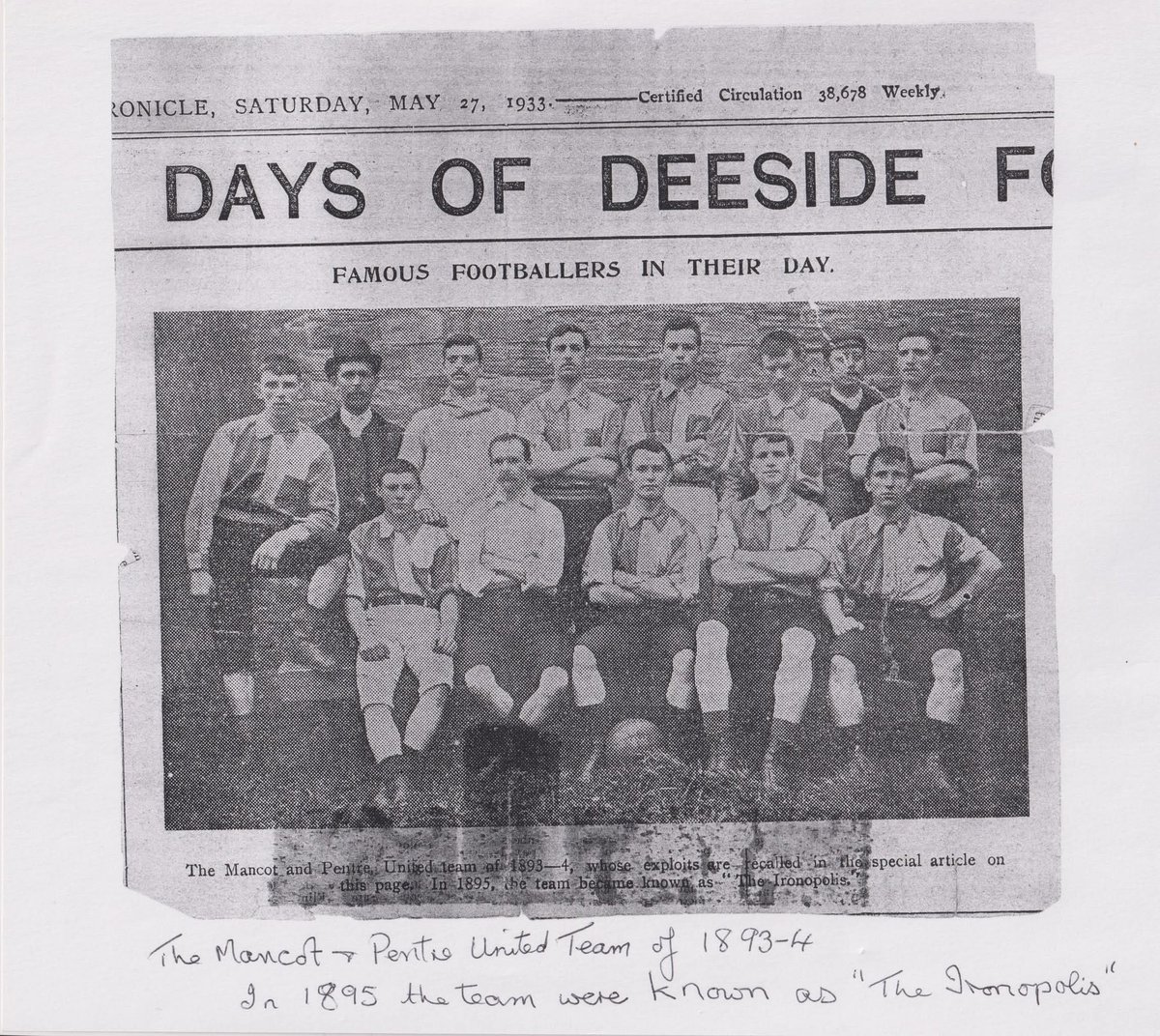 ForgottenClubs's tweet photo. I was recently sent a photo of Mancott &amp; Pentre United from 1893-94. It was provided by a relative of Stephen Garratt who was club captain when the team, by then known as Queensferry Ironopolis, won the Welsh Junior Cup. Colourised using AI with the original next to it. https://t.co/VxouiDoERK