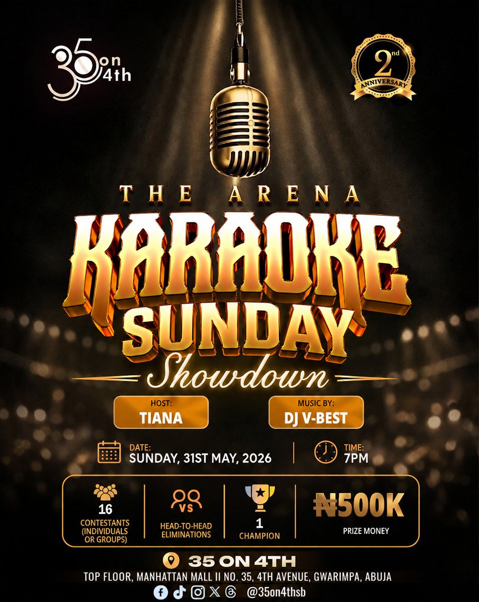 35on4thsb's tweet photo. Hot take:

Karaoke is better when there’s something to lose.

₦500K says we’re right.

#35on4th #Abuja #KaraokeSunday #KaraokeSundayShowdown #TheArena https://t.co/Z6DOeL8fZH