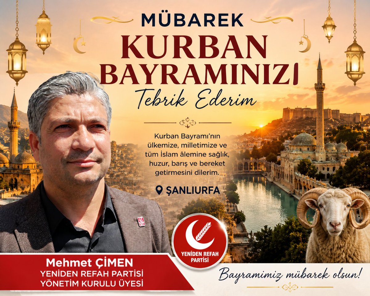Mehmetcimen63's tweet photo. Kurban Bayramı'nın ülkemize, Milletimize ve Tüm İslam Âlemine Sağlık, Huzur, Barış ve Bereket Getirmesini Dilerim...
KURBAN BAYRAMIMIZ MÜBAREK OLSUN... #hayırlıbayramlar #Bayramlaşma #kurbanbayramınızmübarekolsun https://t.co/hwvwZjKqIj
