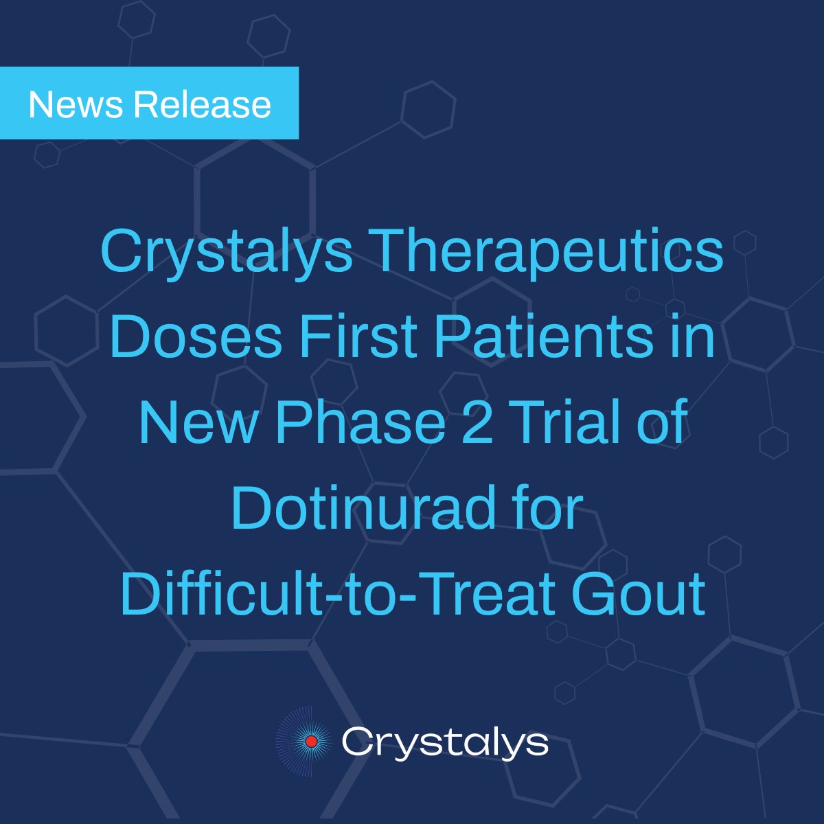 Crystalys_Tx's tweet photo. Crystalys has dosed the first patients in our new Phase 2 AMETHYST study evaluating dotinurad in people with #gout who are intolerant to xanthine oxidase inhibitors or have failed uricase treatment. 

For more details: https://t.co/TcP6zbcagA https://t.co/8FSYxBWbNj