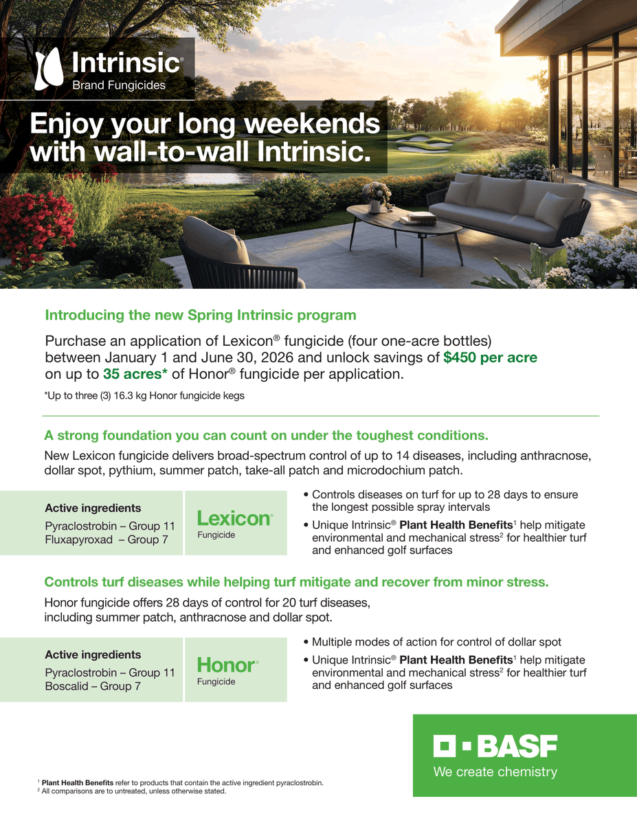TargetSpecCan's tweet photo. Wall-to-wall protection means more time to enjoy the view. 🌅
The Spring Deal:
💰 Save $450/acre on Honor® fungicide with a qualifying Lexicon® purchase.

Give your course the "Intrinsic" advantage. Reach out to the TSP team for full program details! https://t.co/9V7Z1C8N69