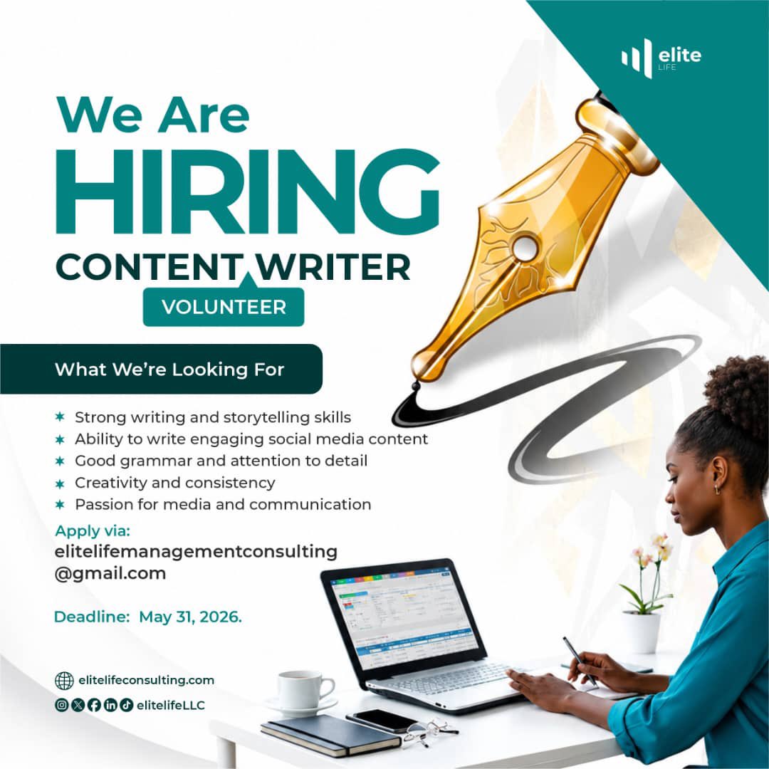 EliteLifeLLC's tweet photo. If you have a passion for content creation, storytelling, and digital impact. Then these roles are for you. 

Elite Life Consulting is looking for creative and driven volunteers to join our team as a Content Writer and Content Strategist.

If you’re passionate about communication, mental health advocacy, and creating meaningful content that inspires change, this opportunity is for you. 🤗

Apply and grow with a purpose-driven team committed to impact and community.

Deadline: May 31, 2026.