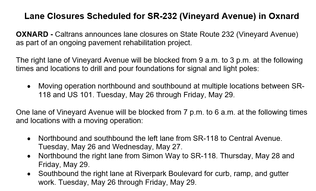 CaltransDist7's tweet photo. 🚧 UPDATE: VINEYARD AVENUE IN OXNARD 🚧

One lane of Vineyard Ave will be closed northbound &amp; southbound at various locations between US 101 &amp; State Route 118 Tuesday 5/26 through Friday 5/29 for pavement rehabilitation project.   

Update details👇 https://t.co/kCPdFXalys