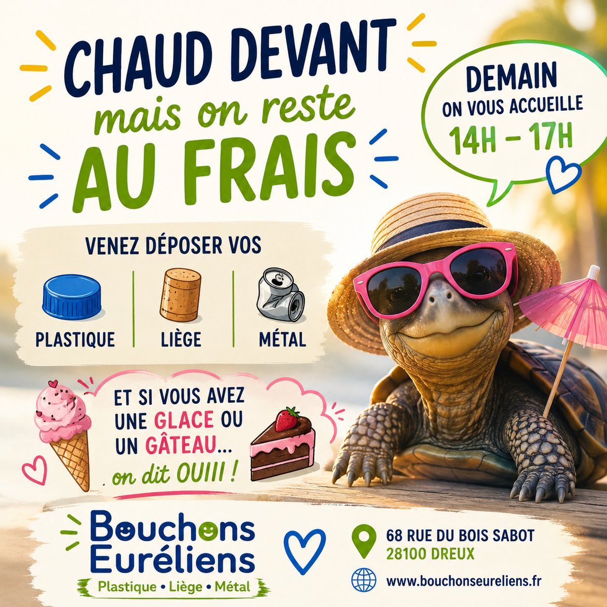 Coeur2Bouchons's tweet photo. Malgré la chaleur,
nos bénévoles seront bien au poste mercredi de 14h à 17h
Et si vous voulez sauver le goûter des bénévoles
🍦les glaces et 🍰 les gâteaux sont acceptés avec plaisir 😅
68 rue du Bois Sabot – Dreux
#jaimelesbouchons #recyclage #solidarite #eureetloir #dreux https://t.co/Aaq5vlzDX1