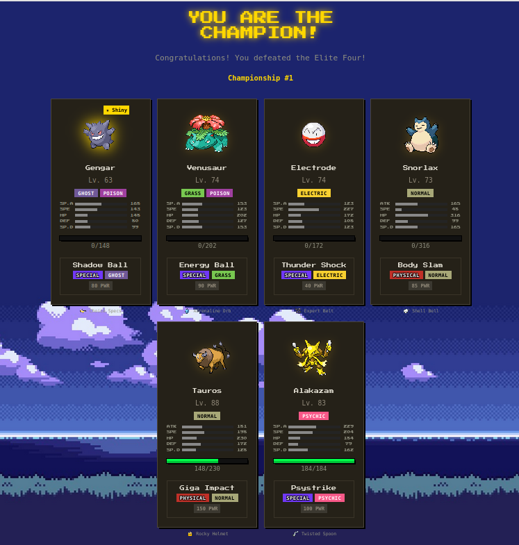 ChelasJr's tweet photo. 🏆 Championship #1 on Pokelike!

My team:
Gengar Lv.63 ✨
Venusaur Lv.74
Electrode Lv.74
Snorlax Lv.73
Tauros Lv.88
Alakazam Lv.83

https://t.co/wtSUsRLv88 https://t.co/lHXkXlYvT0