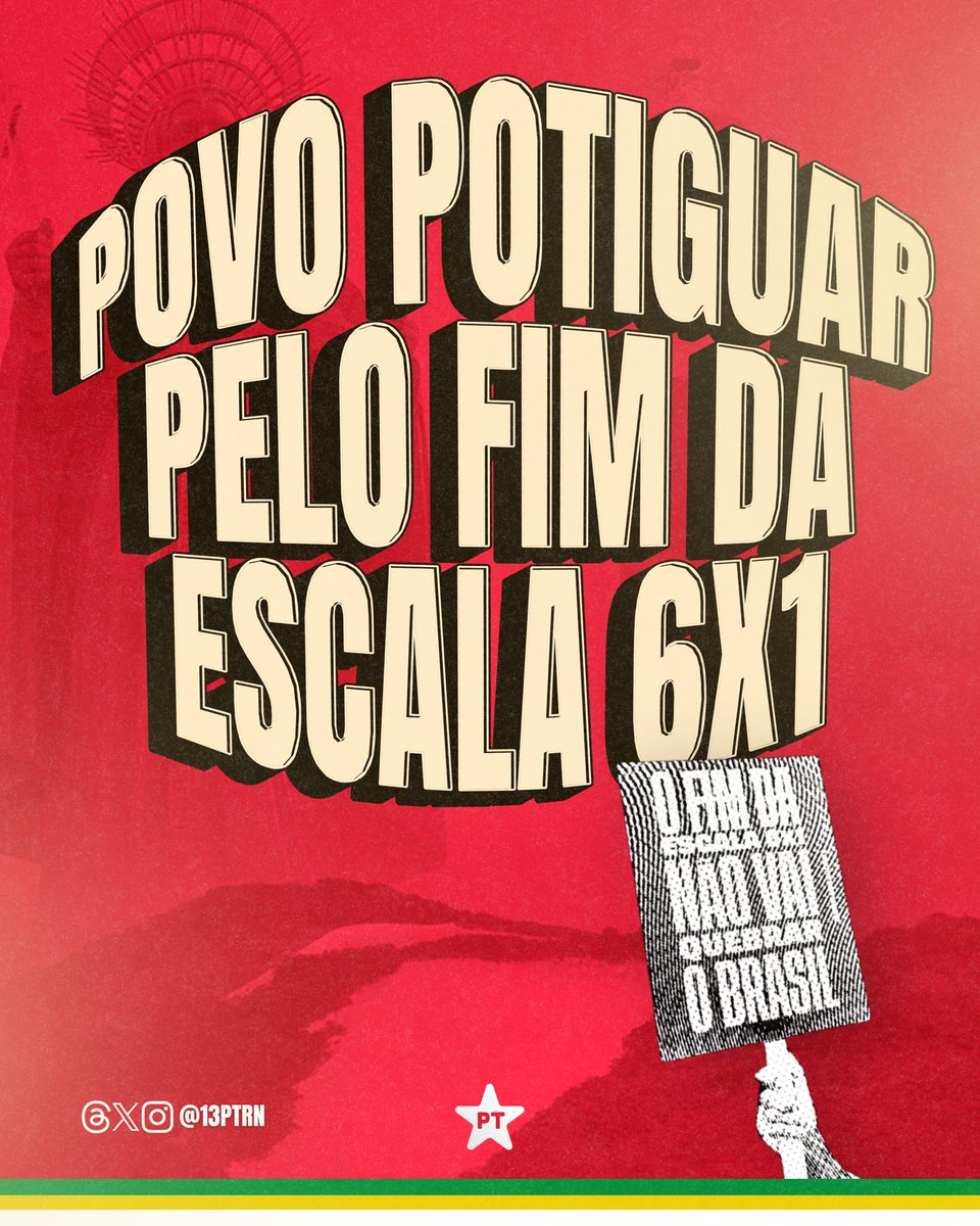 13PTRN's tweet photo. O povo potiguar quer dignidade, mais qualidade de vida e tempo para viver! ✊🏽

O Rio Grande do Norte se soma à luta pelo fim da escala 6x1, porque trabalhador merece respeito, descanso e direitos garantidos.

#FimDaEscala6x1 https://t.co/aJbuKoJWPp
