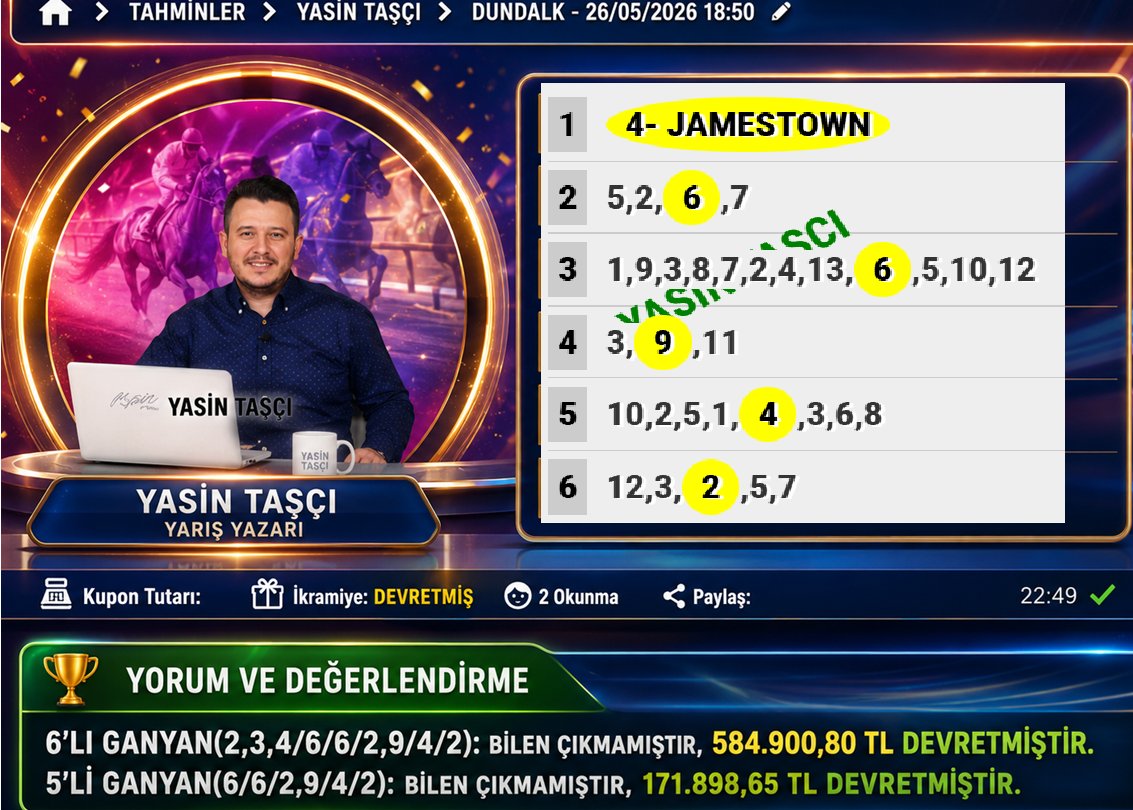yasintasci3535's tweet photo. DUNDALK ben buldum ama siteden oynayan maalesef çıkmamış 💰584,900,80 TL💰 DEVİR ETMİŞ...
Nasip kısmet diğelim.. https://t.co/d9XNLyvTGs
6'LI GANYAN(2,3,4/6/6/2,9/4/2): 
Bilen çıkmamıştır, 584.900,80 TL devretmiştir.
5'Lİ GANYAN(6/6/2,9/4/2): 
Bilen çıkmamıştır, 171.898,65 TL devretmiştir.