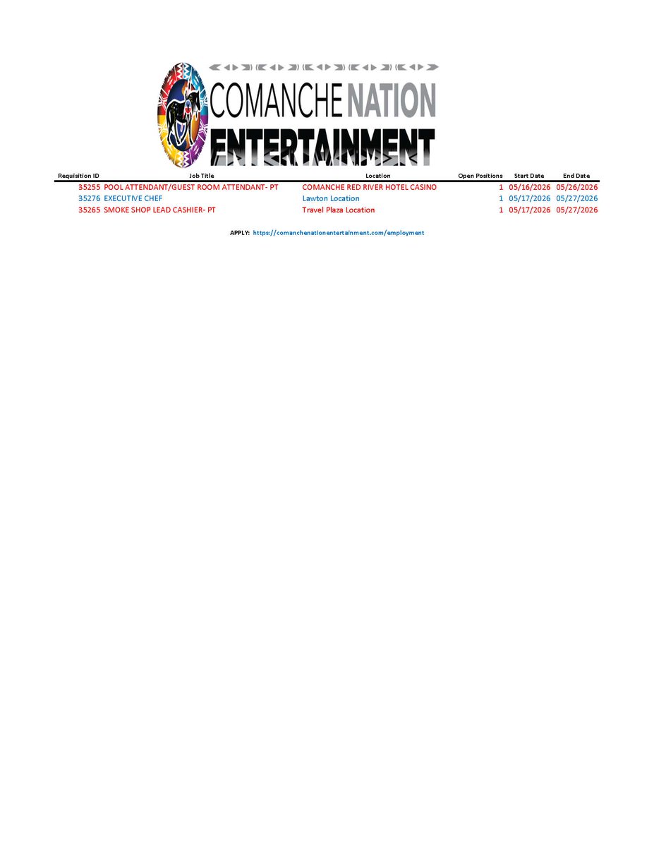 TCNNPIO's tweet photo. Job opportunities with Comanche Nation Entertainment https://t.co/bmxAMe890r