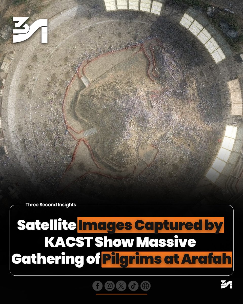 threesecinsight's tweet photo. New satellite images released by King Abdulaziz City for Science and Technology (KACST) have captured millions of Hajj pilgrims gathered at Mount Arafat during Youm-e-Arafah. 
#YoumEArafah
#Hajj2026
#mountainsrafat
#SatelliteImages
#KACST https://t.co/mPYQiONfG2