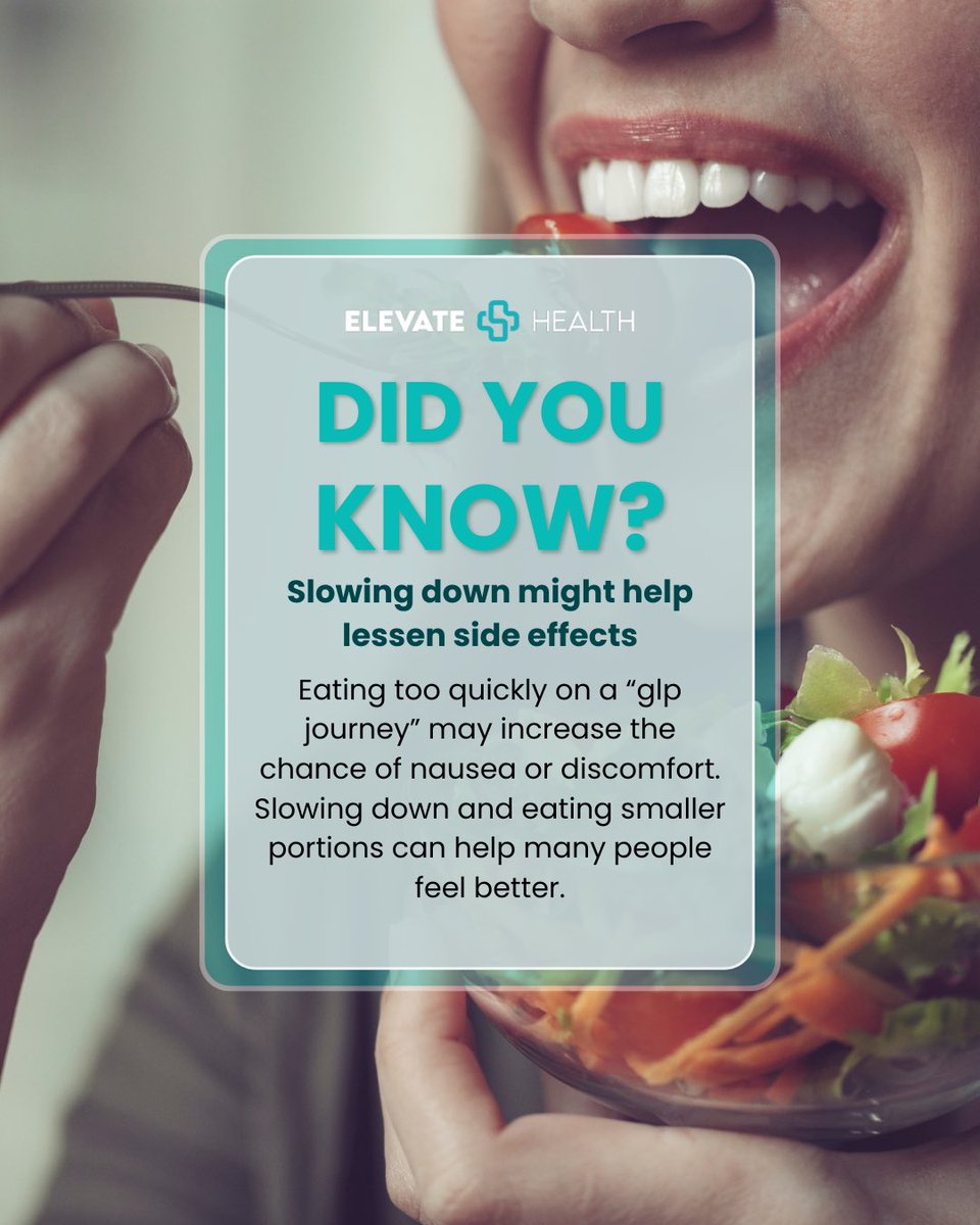 joinelevate's tweet photo. Small changes can make a big difference on a “glp journey.” 💙
Slowing down while eating, taking smaller bites, and listening to your body may help reduce nausea and discomfort while also helping you feel more satisfied.
•
#elevatehealthandwellness #joinelevatehealth #elevatehealth #wellness #healthyfood #telehealth