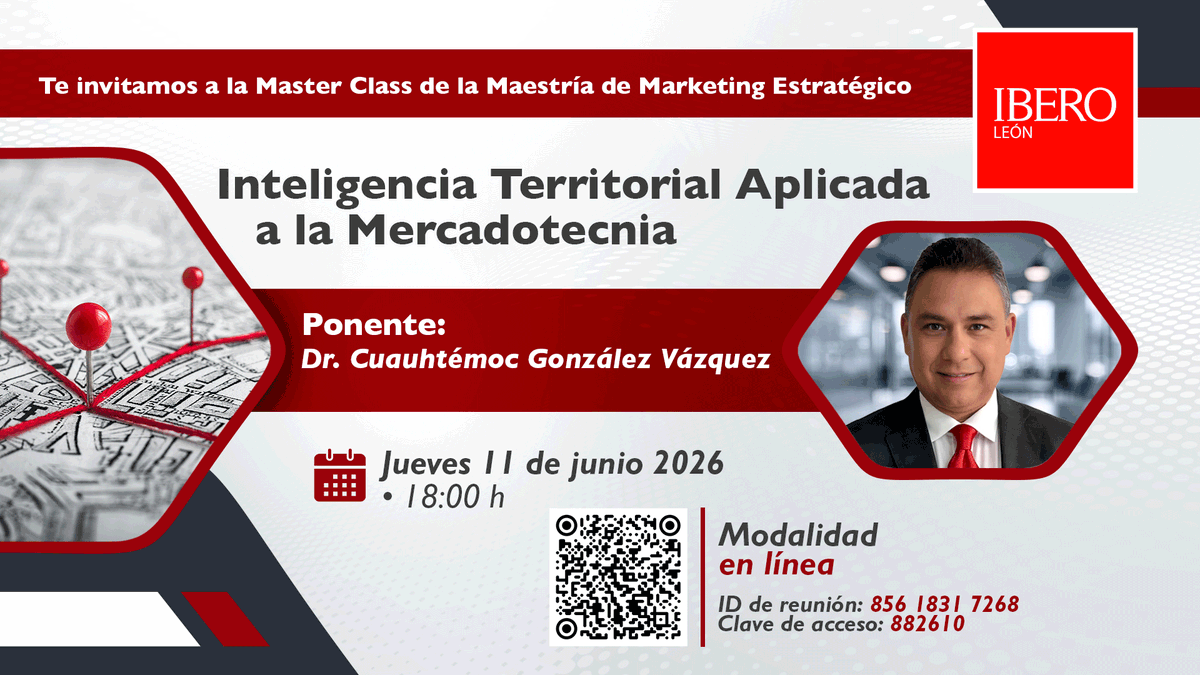 IberoLeon's tweet photo. Te invitamos a la Master Class “Inteligencia Territorial Aplicada a la Mercadotecnia” con el Dr. Cuauhtémoc González Vázquez, donde conocerás cómo el análisis territorial puede transformar la manera de entender mercados y audiencias.

Regístrate AQUÍ: https://t.co/hqlZTPylDW https://t.co/l4VHA7hQcY