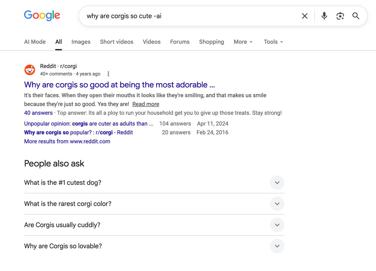 _motherslug's tweet photo. Did you know that if you add "-ai" to the end of your Google searches it actually does not include the wretched AI overview??? Just make sure there's a space between whatever you're searching for and -ai. I'm stunned that I didn't already know this. https://t.co/DcDWMBxgkP