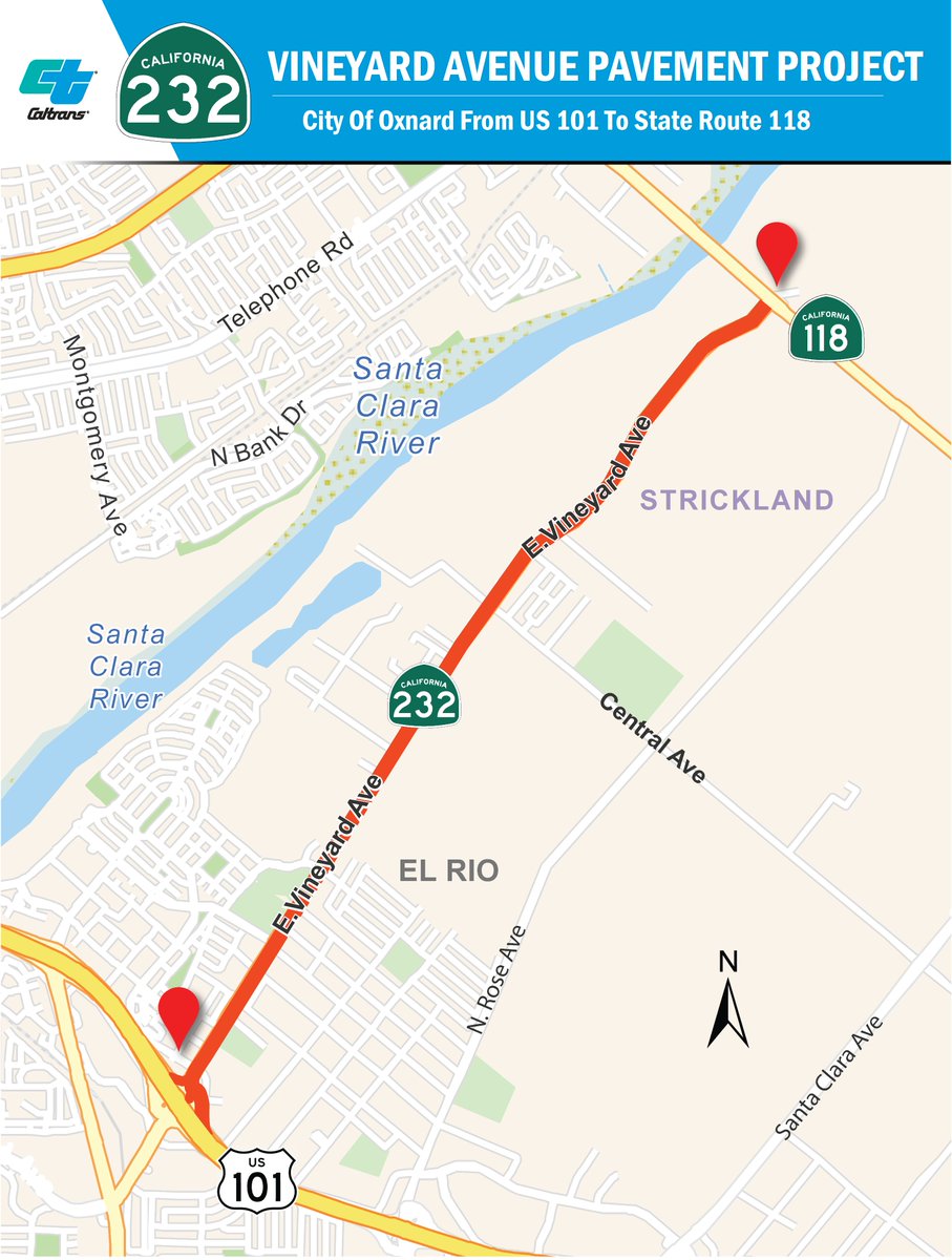 CaltransDist7's tweet photo. 🚧 UPDATE: VINEYARD AVENUE IN OXNARD 🚧

One lane of Vineyard Ave will be closed northbound &amp; southbound at various locations between US 101 &amp; State Route 118 Tuesday 5/26 through Friday 5/29 for pavement rehabilitation project.   

Update details👇 https://t.co/kCPdFXalys