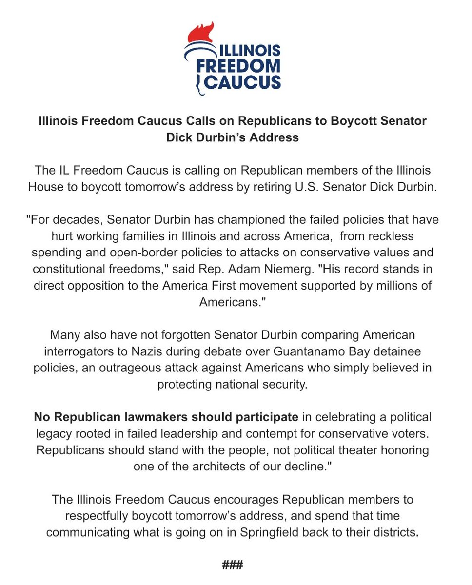 ILFreedomCaucus's tweet photo. Senator Dick Durbin is one of the chief Architects of America Last. 

No Republican lawmakers should participate in celebrating a political legacy rooted in failed leadership and contempt for conservative voters. 
@SFC_Network @SenatorDurbin @freedomcaucus @adamniemerg https://t.co/QYYYxPXvWX
