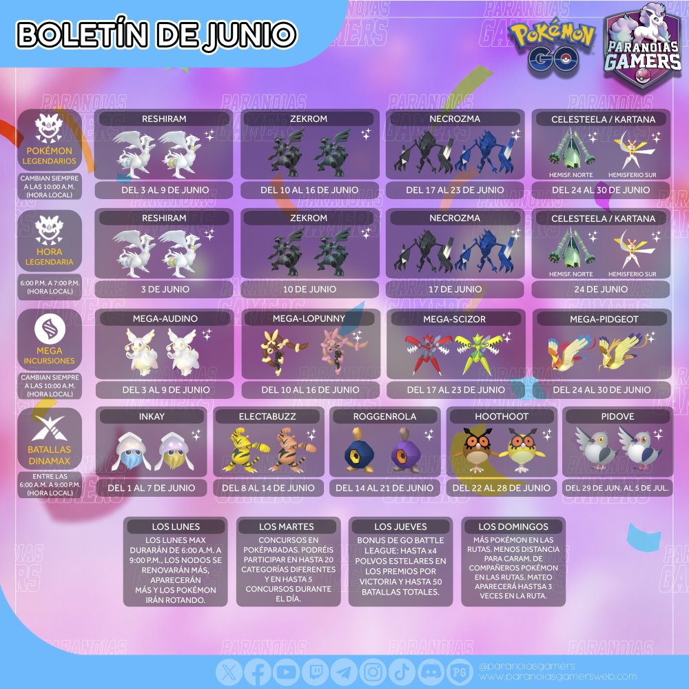 ParanoiasGamers's tweet photo. 🚨ESTE BOLETÍN SI ES BUENO: JUNIO en #PokémonGO con NECROZMA, ULTRAENTES, EVENTOS y más
➡️Vídeo: https://t.co/Tsr2OLOf35 

➡️WEB: https://t.co/fJHLcpGcD0 https://t.co/MIwfM2HvGZ