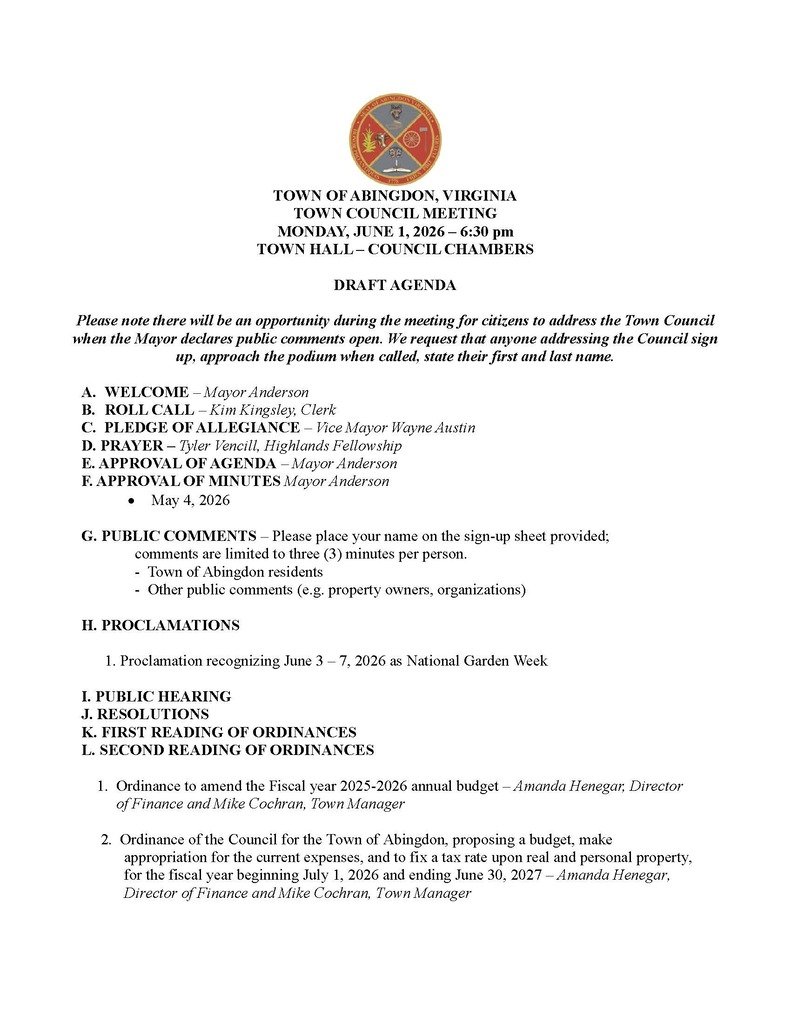 AlertAbingdon's tweet photo. Below is the Draft Agenda for the Town Council meeting on Monday, June 1, 2026: https://t.co/qV8sZYnsew