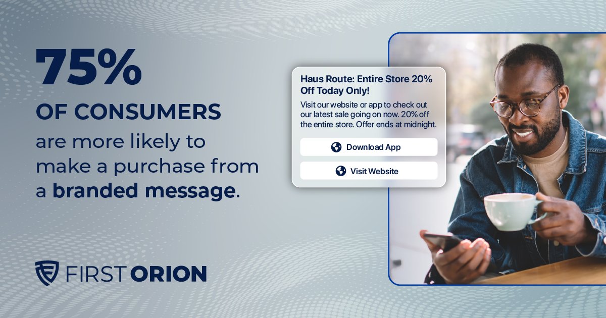 FirstOrionCorp's tweet photo. 75% of consumers are more likely to make a purchase when they receive a branded message, yet most businesses are leaving that trust and revenue on the table because they're using outdated SMS. The solution? RCS messaging with ENRICH™. Learn more: https://t.co/IqoUJZJ0GQ https://t.co/fvWBPoZvHH