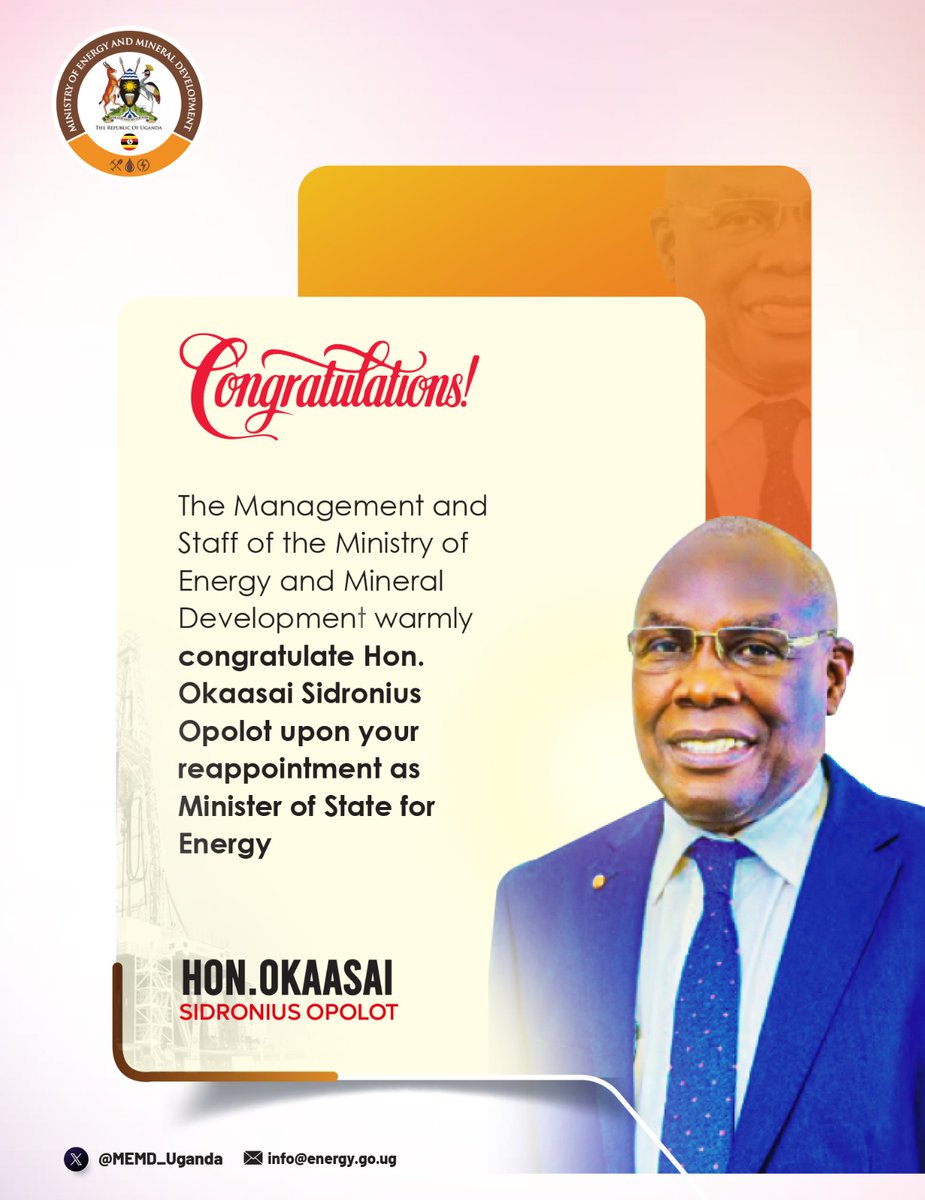 MEMD_Uganda's tweet photo. Congratulations @HonOkaasai upon your reappointment as State Minister for Energy https://t.co/cHWI0pp2Cr