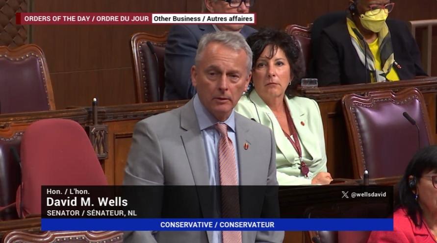 WellsDavid's tweet photo. I spoke at third reading of Bill S-214 - An Act to amend the Special Economic Measures Act (disposal of foreign state assets). I then called the question asking for a vote. The bill passed the Senate unanimously and will now be sent to the House of Commons for consideration.

In my speech I noted that this private bill from an individual senator was on a topic on which the government should have been front and centre. The use of confiscated foreign assets from rogue states should be part of Canada’s plan to stand up to nations that don’t respect international borders and wage illegal and immoral wars on peaceful nations. 

Congratulations to Senator @DonnaDasko on the success of her efforts on this important legislation.

@SenateCA @CPC_HQ #cdnpoli #nlpoli