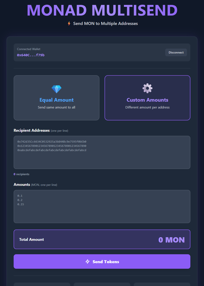 0xmjfmjf's tweet photo. Check out MONAD MULTISEND on Build Anything https://t.co/RsOR0jtLCV 

MONAD MULTISEND @monad_xyz @buildanythingso 
- Equal Amount : Send same amount to all
- Custom Amounts : Different amount per address

Equal Amount tx: https://t.co/AeUZ6NJo6h

Custom Amounts tx:
https://t.co/hdIDsuQmXO