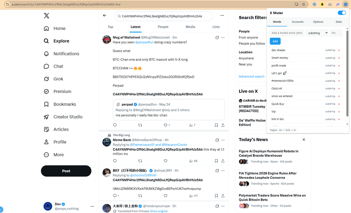 props_nothing's tweet photo. Ok fixed it myself, for whoever is tired getting their search feeds getting fked up by spamming bots:

https://t.co/Bx3gUsbiHn

Install (unpacked)

1. Open `chrome://extensions`
2. Enable Developer mode (top right)
3. Click Load unpacked
4. Select this folder (the one containing `manifest.json`)
5. Pin the extension and click its icon to open the popup