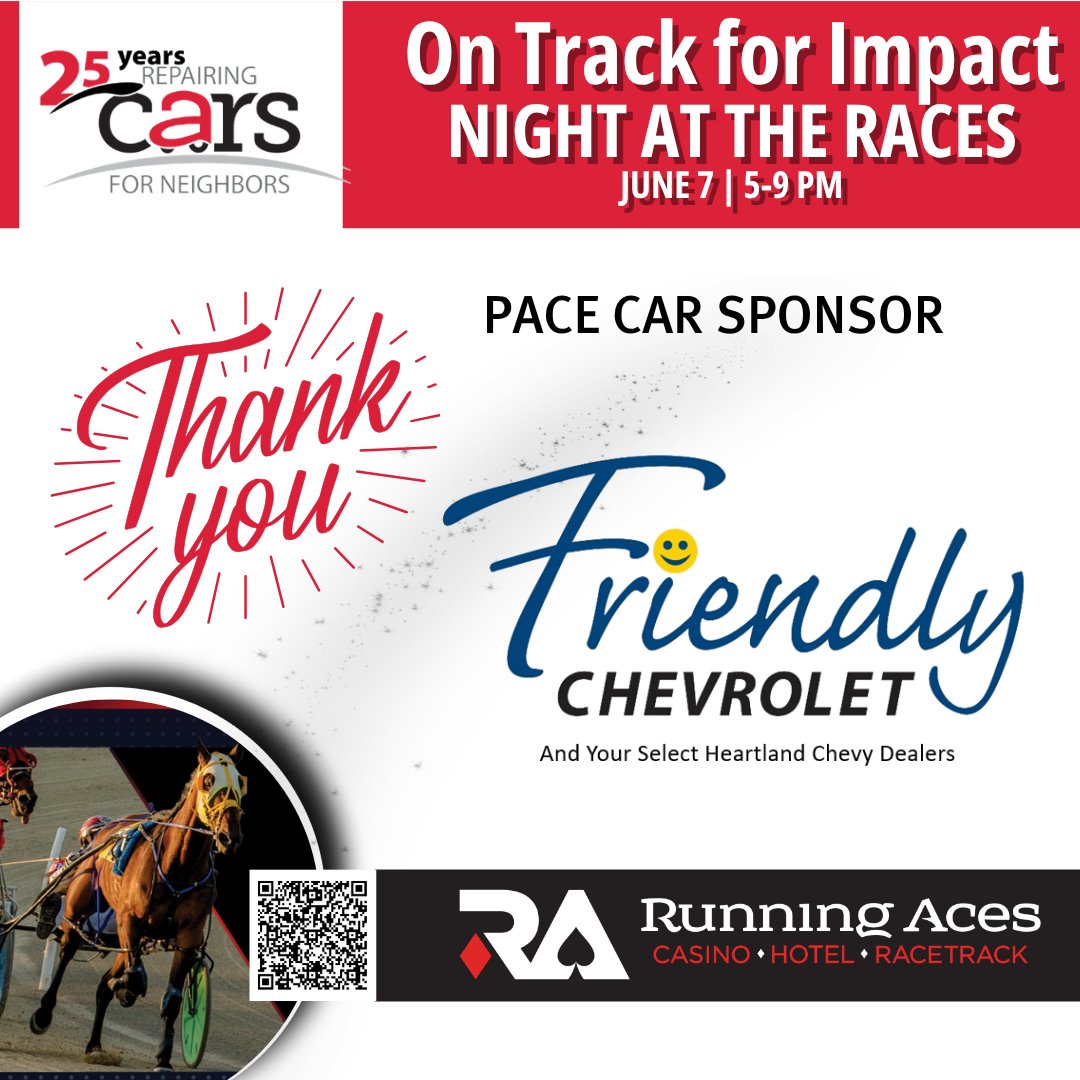 CarForNeighbors's tweet photo. Helping our neighhhh-bors get back on the road, one gallop at a time! Thank you to Friendly Chevrolet for galloping in as our 2nd Pace Car Sponsor! Interested in supporting our Race Night? Learn more: https://t.co/2xcjXwBS82  

#fundraiser #lowincomecarrepair #nightattheraces https://t.co/Wsf54K5xiI