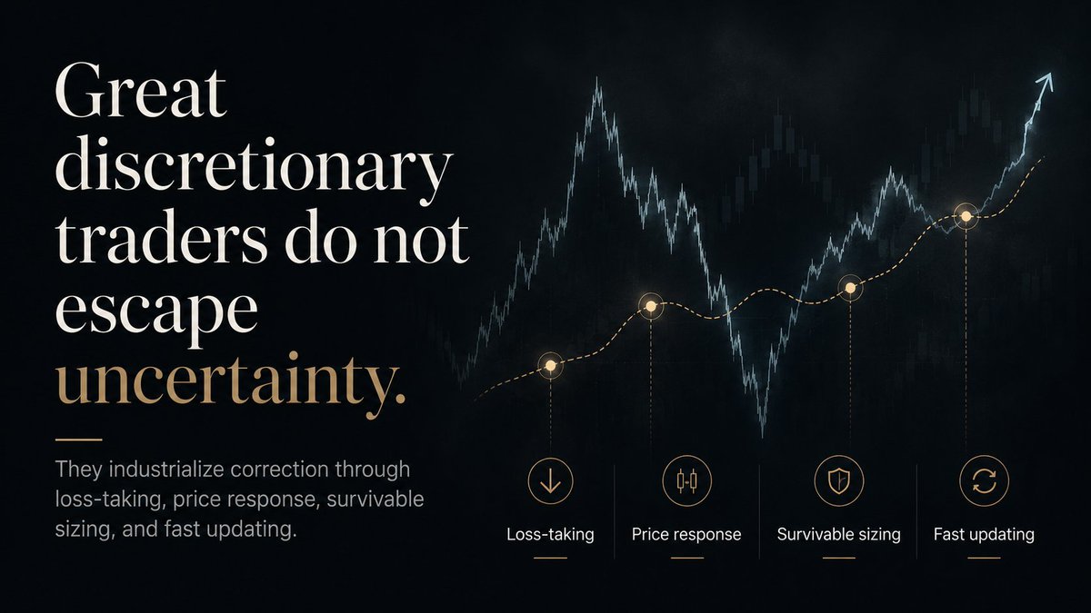 ChrisDuvillard's tweet photo. Great discretionary traders do not escape uncertainty.

They build a process that corrects faster than the market can punish them:

loss-taking,
price response,
survivable sizing,
fast updating.

The edge is not certainty.
The edge is correction under uncertainty.
#trading https://t.co/Ie17aEx0I3