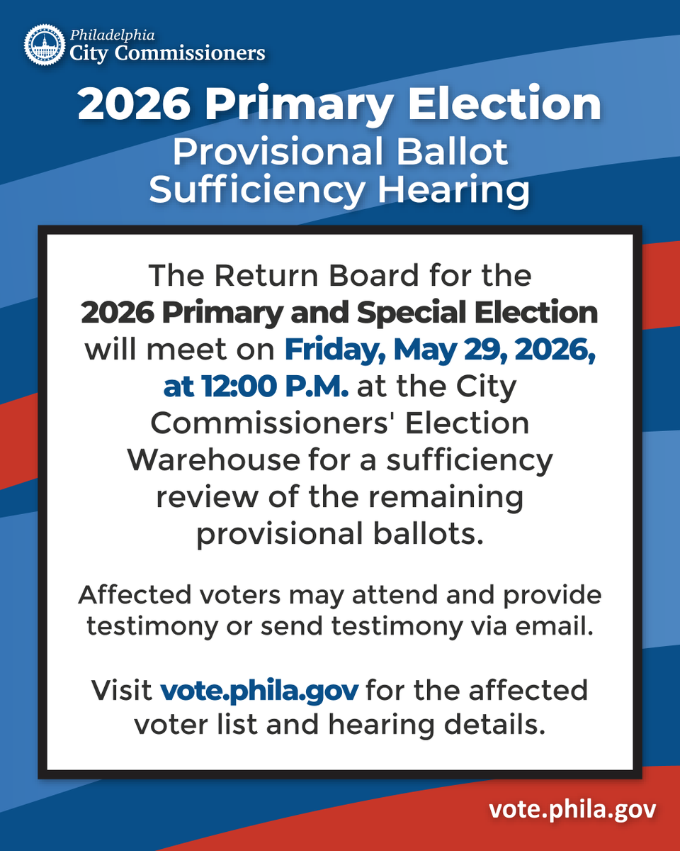 PhillyVotes's tweet photo. The Return Board will meet Friday, May 29th at 12:00 P.M. for a sufficiency review of the remaining provisional ballots. Voters may attend or send testimony by email.

Affected voter list and hearing details: https://t.co/kC5U6p5Nj6. #PhillyVotes https://t.co/FrI1PgUhni