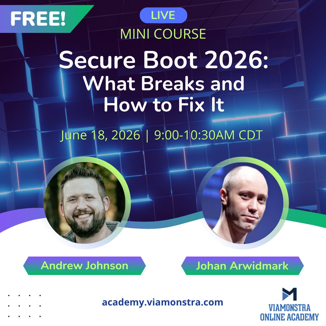 viamonstra's tweet photo. 💥Microsoft is updating the #SecureBoot certificates — Check out this #ViaMonstraMiniCourse  JUNE 18, 9:00 - 10:30AM CDT 💻 SECURE BOOT 2026 - WHAT BREAKS AND HOW TO FIX IT with @jarwidmark and @AndrewJNet 👨‍💻 If you manage Windows endpoints, servers, or imaging infrastructure, you need to understand what these changes mean in practice. #ViaMonstraAcademy

Sign up ➡️ https://t.co/qSTTGbGjcU

This LIVE Online Training is for YOU if you want to:

✅Understand what is changing in Secure Boot in 2026
✅Identify what can break in deployments and recovery scenarios
✅Learn how DB and DBX updates impact imaging and boot media
✅Build detection and monitoring strategies for certificate rollout
✅Ask Johan and Andrew questions directly in a live training environment