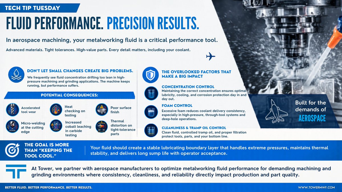 TowerMWF's tweet photo. Tech Tip Tuesday ✈️

In aerospace machining, coolant performance impacts tool life, surface finish, thermal stability, and part quality. Proper concentration, foam control, and fluid cleanliness are critical in high-pressure machining environments.

#TechTipTuesday #TowerMWF https://t.co/ybdlP0d7ig
