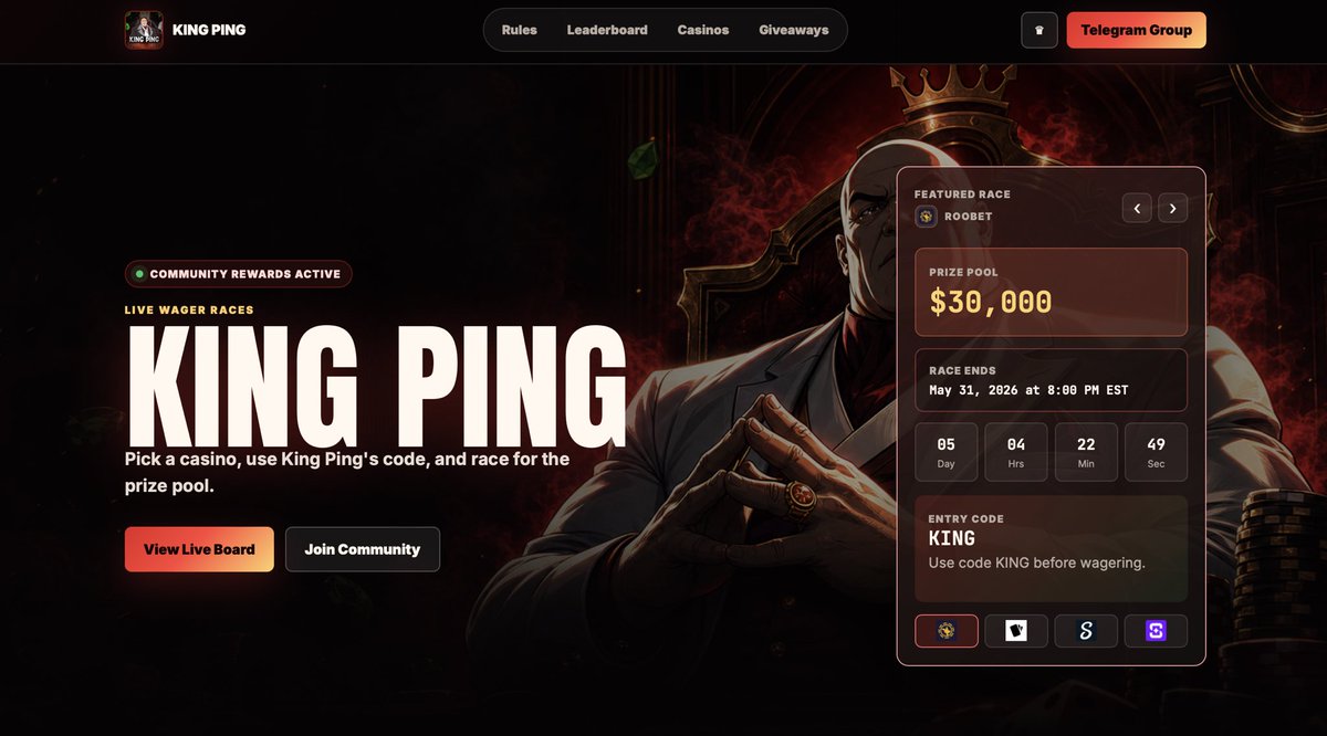SportsKingPing's tweet photo. New Website is LIVE! 👑 🔥 

https://t.co/FfoAgUwvr0 | $35,000+ given away every month! 💸 

New design, fast updates, and all leaderboards in one spot. Go check it out! 🤝 https://t.co/z5md5KeoIi