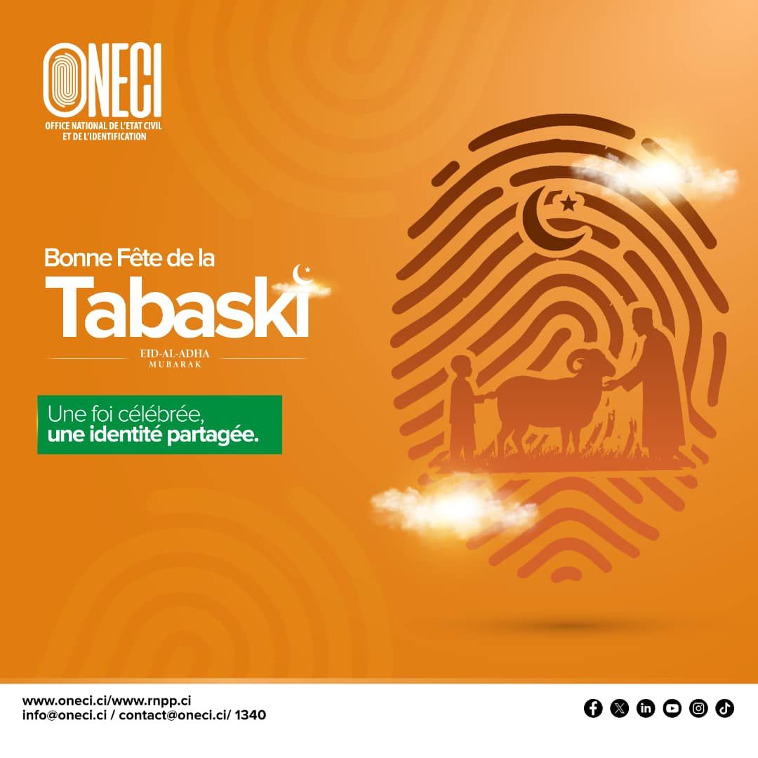 Oneci_ci's tweet photo. 𝐎𝐍𝐄𝐂𝐈| 𝐅𝐄̂𝐓𝐄 𝐃𝐄 𝐋𝐀 𝐓𝐀𝐁𝐀𝐒𝐊𝐈

L'ONECI souhaite une bonne fête de Tabaski à toute la communauté musulmane.

𝐎𝐍𝐄𝐂𝐈, 𝐭𝐢𝐞𝐫𝐬 𝐝𝐞 𝐜𝐨𝐧𝐟𝐢𝐚𝐧𝐜𝐞 𝐝𝐞 𝐯𝐨𝐭𝐫𝐞 𝐢𝐝𝐞𝐧𝐭𝐢𝐭𝐞́.

#CIV225 #CIV
#ONECI #MISRCI
#RNPP #NNI
#FÊTE_DE_LA_TABASKI https://t.co/Fx93HZbgTu
